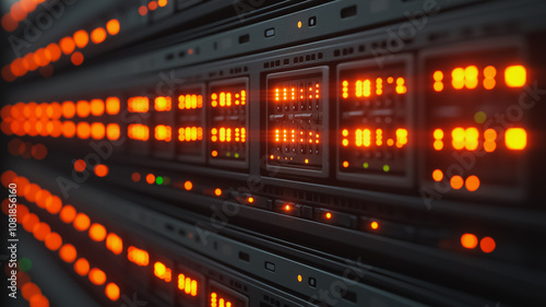 A row of computer servers with orange lights on them. The servers are black and the lights are bright