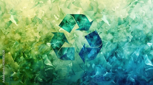 An abstract background with overlapping plastic recycling logos in various shades of green and blue, set against a semi-transparent plastic pattern for a sustainable theme. photo