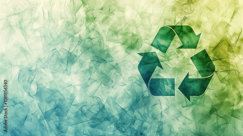 An abstract background with overlapping plastic recycling logos in various shades of green and blue, set against a semi-transparent plastic pattern for a sustainable theme. photo