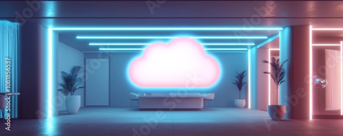 Futuristic office interior featuring a glowing cloud symbol, neon lights, and modern design elements creating a tech sensation.