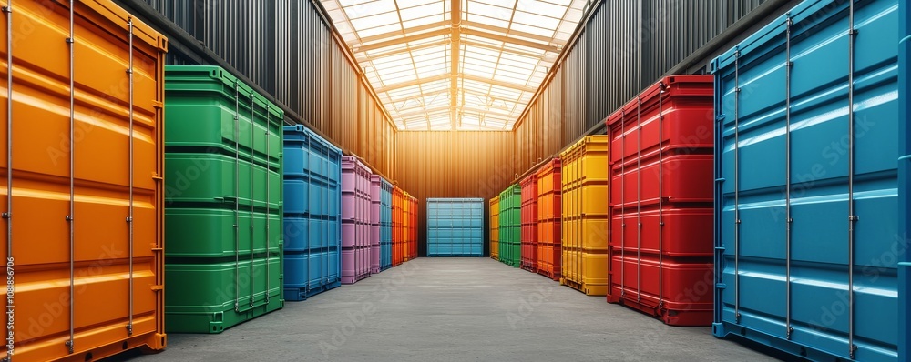 Fototapeta premium Vibrant storage containers arranged in a warehouse, showcasing an organized and colorful industrial environment with natural lighting.