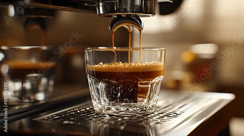 A close-up shot of rich espresso brewing into a glass, showcasing a creamy layer forming on top.