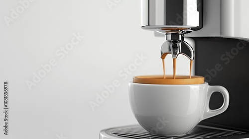 A close-up of espresso being brewed from a sleek coffee machine into a white ceramic cup.