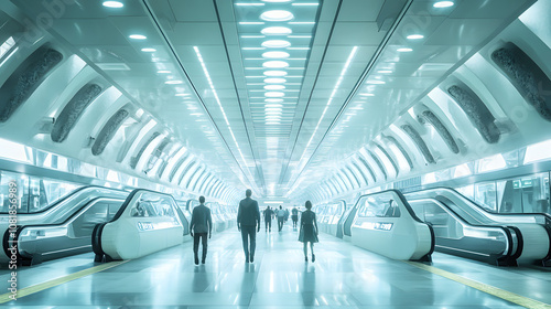 A futuristic public transport hub where people use teleportation devices to instantly travel across the city or even to other planets. photo