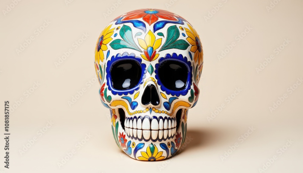 Decorative sugar skull. A vibrant, decorated skull featuring intricate colorful patterns, often associated with Mexican culture and the Day of the Dead celebration. Decorative sugar skull. A vibrant, decorated skull featuring intricate colorful patterns, often associated with Mexican culture and the Day of the Dead celebration.