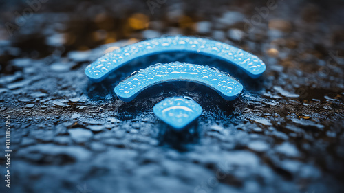 A blue wifi symbol is on a wet surface. Concept of technology and connectivity, as well as the idea of being connected to the internet. The wet surface adds a sense of freshness photo