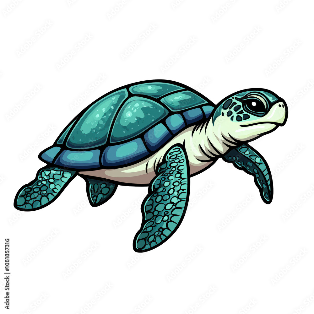 Swimming turtle with vibrant colors and detailed shell design. Isolated on transparent background.
