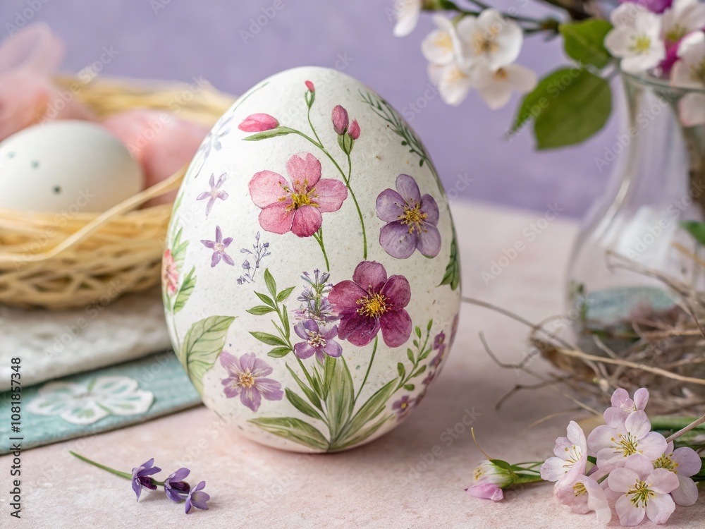 Fototapeta premium Cute Watercolor Violet Easter Egg Adorned with Delicate Flowers Set Against a Soft Pastel Background for Spring Celebrations and Seasonal Decor