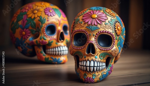 Decorative sugar skull. Colorful, decorative skulls with floral patterns are showcased, embodying the vibrant aesthetics of the Day of the Dead celebration.