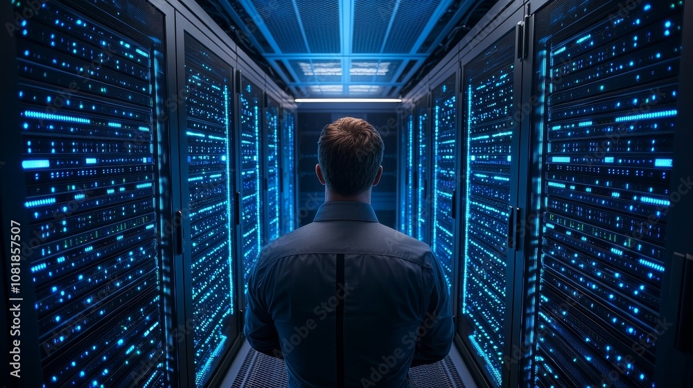 A technician monitors data servers in a high-tech data center, showcasing the importance of technology in data management. A technician monitors data servers in a high-tech data center, showcasing the importance of technology in data management.