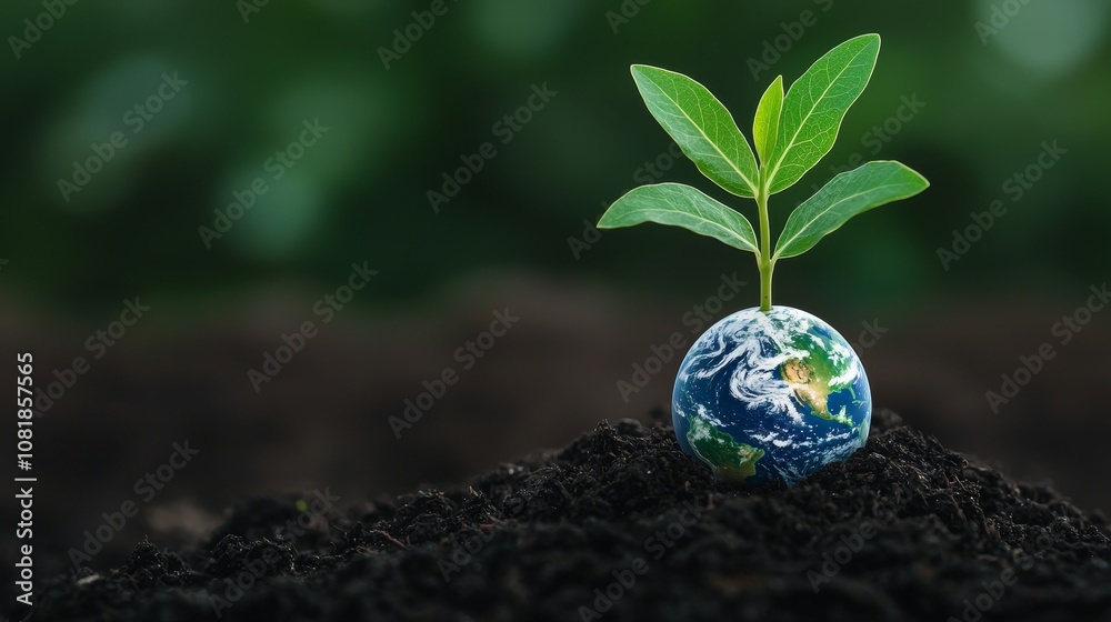 A vibrant green plant emerging from rich soil, symbolizing growth and environmental sustainability on a miniature globe. A vibrant green plant emerging from rich soil, symbolizing growth and environmental sustainability on a miniature globe.