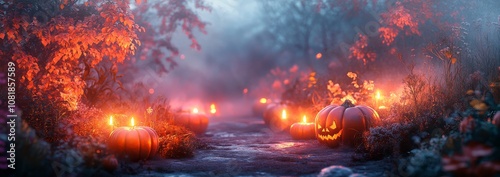 Halloween night scene with spooky pumpkins and candles in a foggy garden. Ultra-realistic photography capturing the eerie Halloween atmosphere. photo