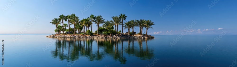 Tranquil remote island waterfront adorned with palm trees swaying gently in the breeze. Tranquil remote island waterfront adorned with palm trees swaying gently in the breeze.