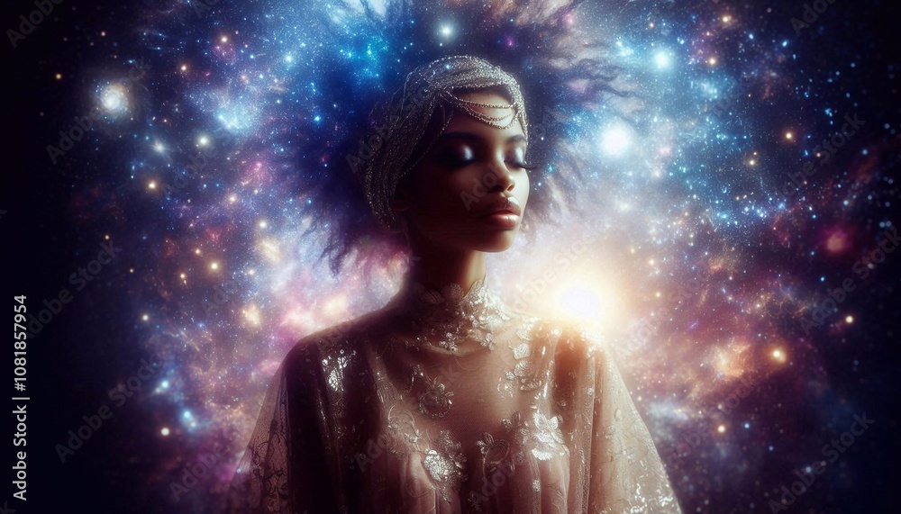 Mystical girl against the background of the starry sky with shimmering galaxies
