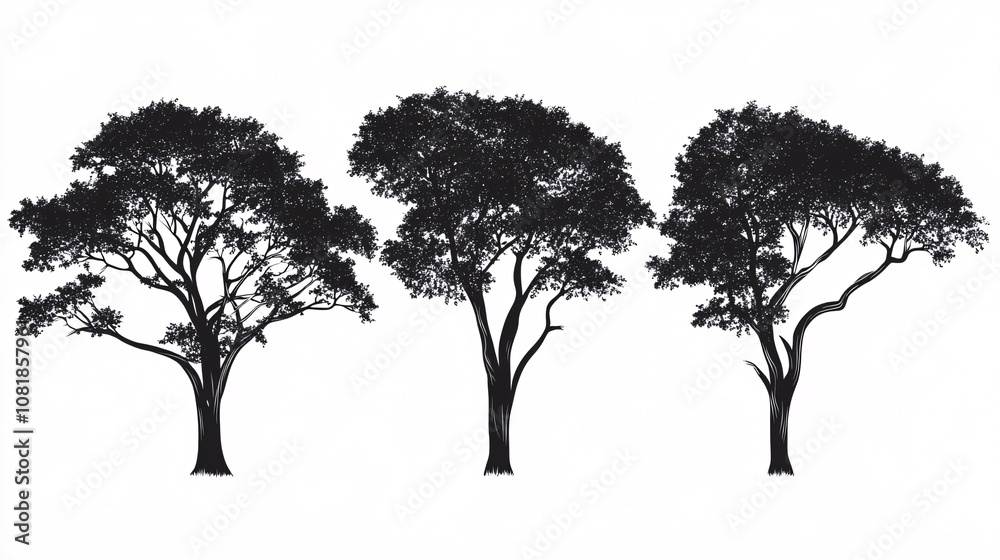 custom made wallpaper toronto digital52.Three lush tree silhouettes with thick canopies, delicately outlined on a white background. The detailed outlines emphasize the fullness of each tree's foliage, creating a minimalist yet dynamic