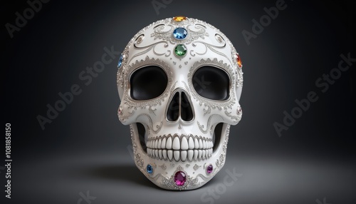 Decorative sugar skull. A decorated skull adorned with colorful gemstones, emphasizing intricate designs and a vibrant aesthetic, representing themes of culture and celebration.