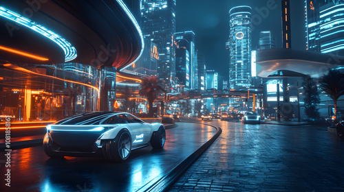 A futuristic smart city where autonomous vehicles glide silently through streets while AI systems control traffic flow and energy use.