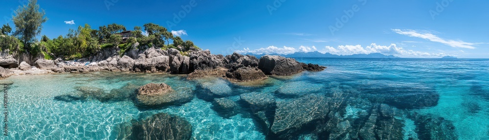 Scenic rocky shoreline on a remote island, showcasing nature's rugged beauty and tranquil coastal landscapes. Scenic rocky shoreline on a remote island, showcasing nature's rugged beauty and tranquil coastal landscapes.