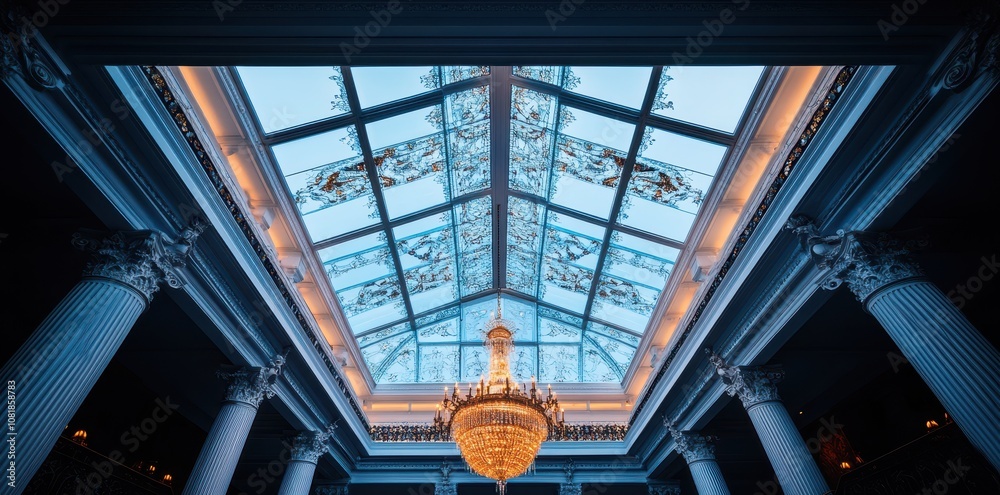 Skylight adorned with intricate ornamental glasswork, casting vibrant patterns across the sunlit room. Skylight adorned with intricate ornamental glasswork, casting vibrant patterns across the sunlit room.