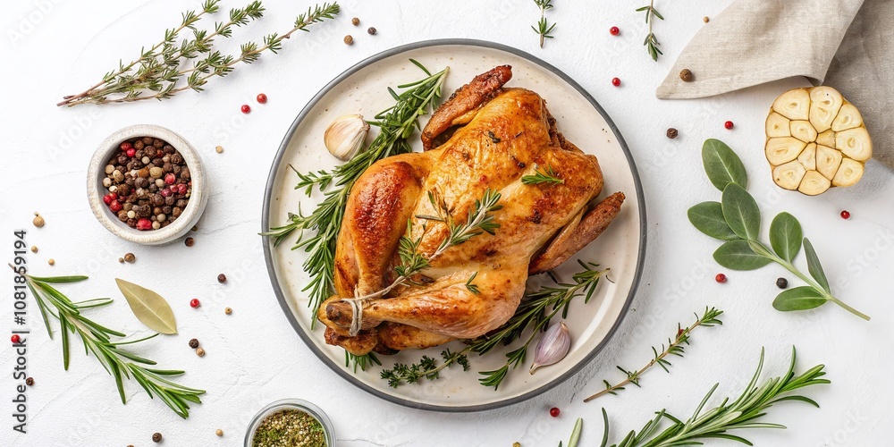 Delicious Baked Chicken on a Plate with Herbs and Spices Against a White Background, Captured from a Top View Perspective for Culinary and Food Photography Delicious Baked Chicken on a Plate with Herbs and Spices Against a White Background, Captured from a Top View Perspective for Culinary and Food Photography