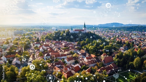 Aerial View of a Cityscape with Church and Networked Icons