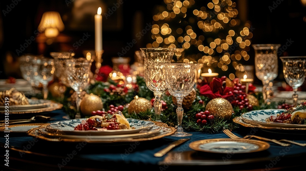 Elegant Christmas table setting with gold and red decorations, a blurred Christmas tree in the background. Elegant Christmas table setting with gold and red decorations, a blurred Christmas tree in the background.