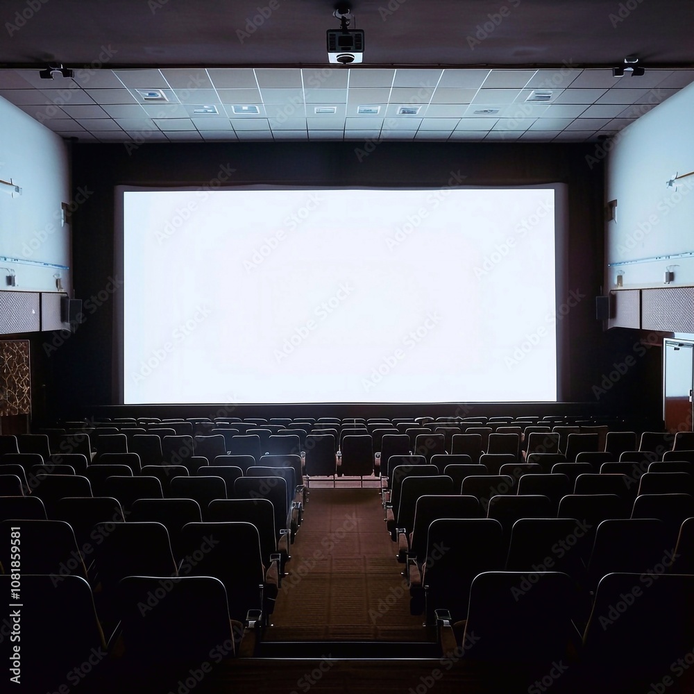 Fototapeta premium Blank movie theater screen in dark auditorium.