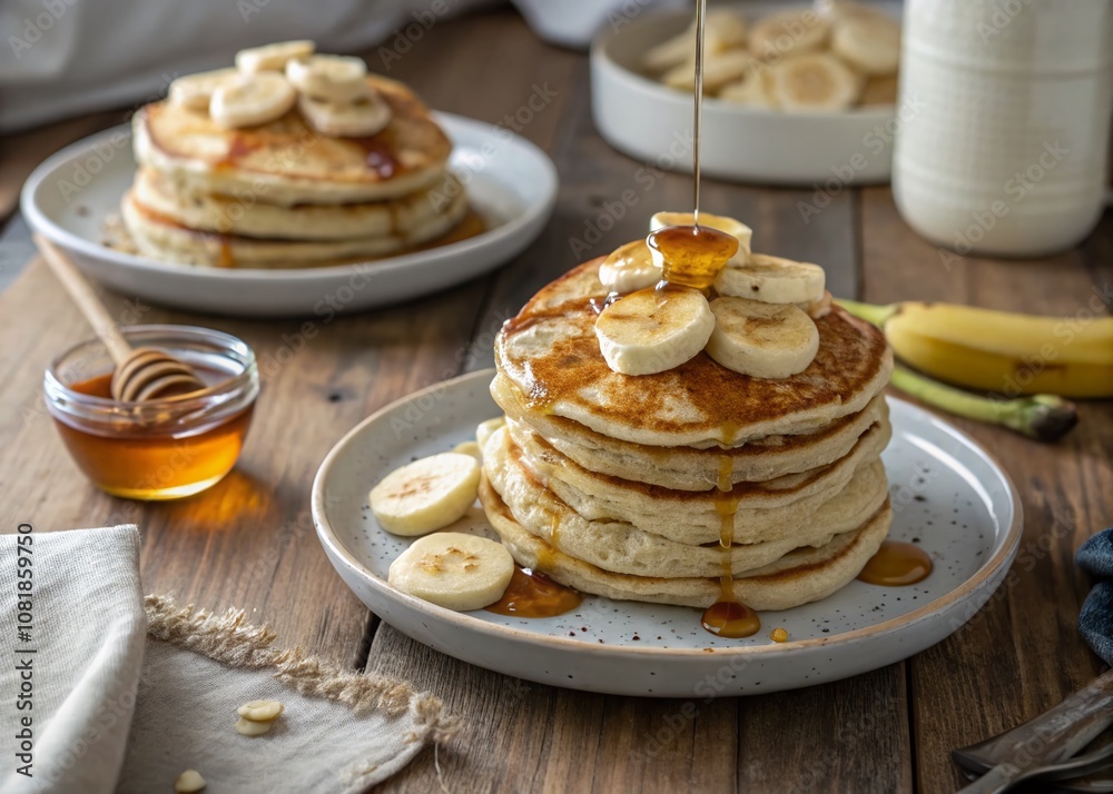 Deliciously Fluffy Pancakes with Maple Syrup and Ripe Bananas on Rustic Wooden Table Against Light Background for Culinary Photography Deliciously Fluffy Pancakes with Maple Syrup and Ripe Bananas on Rustic Wooden Table Against Light Background for Culinary Photography