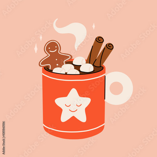 Christmas hot drink big collection. Flat cartoon beverages. Holiday cute mugs with hot cocoa, coffee, and mulled wine. New year drinks decorated with sweets and candy. Isolated vector illustration