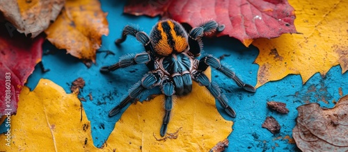 A vibrant blue and yellow tarantula spider with black stripes on its abdomen sits on a bed of yellow, orange, and red autumn leaves against a blue background. photo
