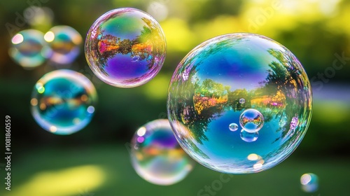 Floating Dreamscape, Colorful Bubbles in Sunlight A Delicate Dance of Light and Color.