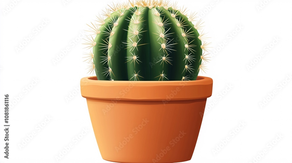 60.A stylized green cactus with smooth spikes, sitting firmly in a terracotta pot. The rich orange-brown color of the pot contrasts with the fresh green hue of the cactus, all set on a white 60.A stylized green cactus with smooth spikes, sitting firmly in a terracotta pot. The rich orange-brown color of the pot contrasts with the fresh green hue of the cactus, all set on a white