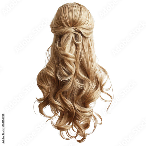 Long blonde wavy hair with elegant curls and half up style. Isolated on transparent background.