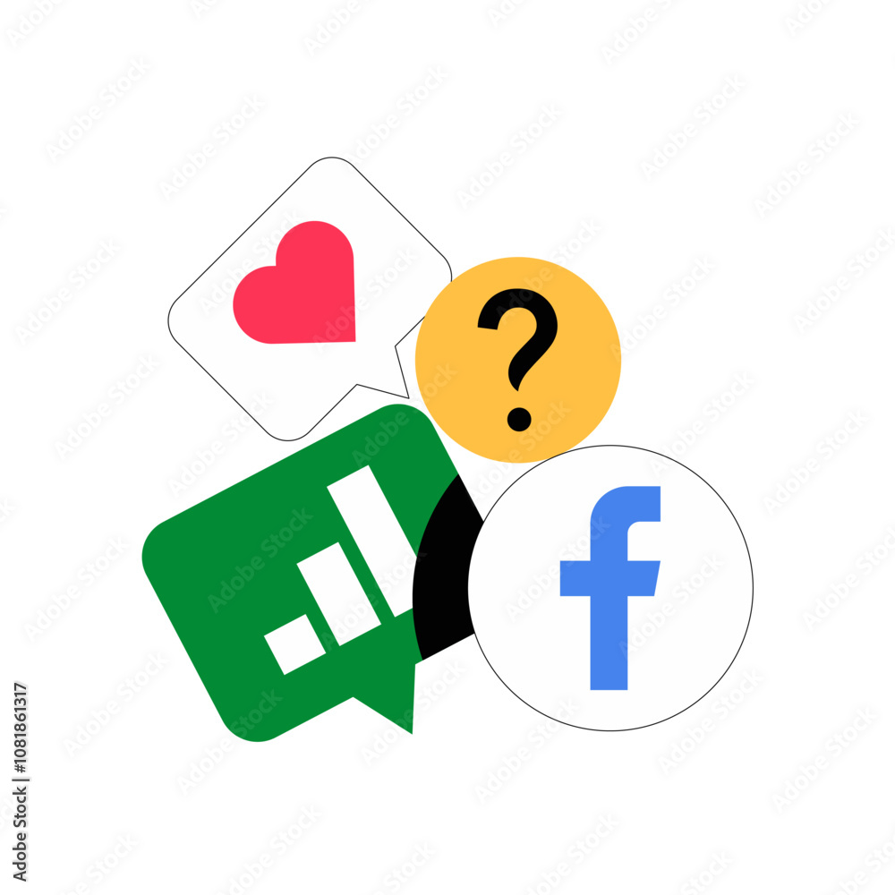 Social Media Engagement Icons Including Heart And Question Symbols, Flat Vector Illustration Representing Online Interaction And Audience Engagement, Isolated On White Background. Social Media Engagement Icons Including Heart And Question Symbols, Flat Vector Illustration Representing Online Interaction And Audience Engagement, Isolated On White Background.