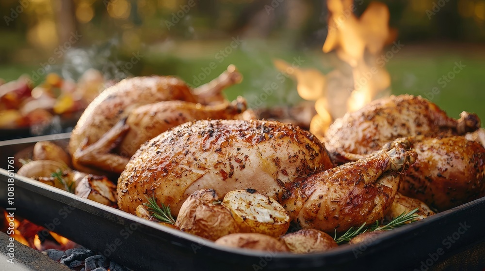 A delicious array of roasted chickens garnished with herbs, cooked to perfection over an open flame outdoors. A delicious array of roasted chickens garnished with herbs, cooked to perfection over an open flame outdoors.