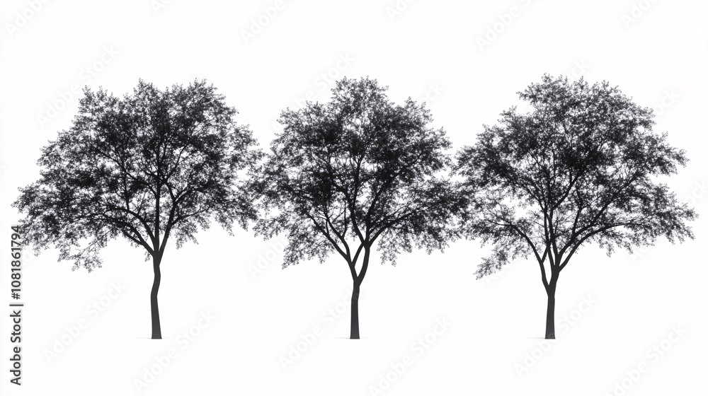 54.A trio of lush tree outlines, captured in fine detail, set against a white background. The intricate contours of the foliage give a sense of depth, with each tree appearing to stand tall and full. 54.A trio of lush tree outlines, captured in fine detail, set against a white background. The intricate contours of the foliage give a sense of depth, with each tree appearing to stand tall and full.