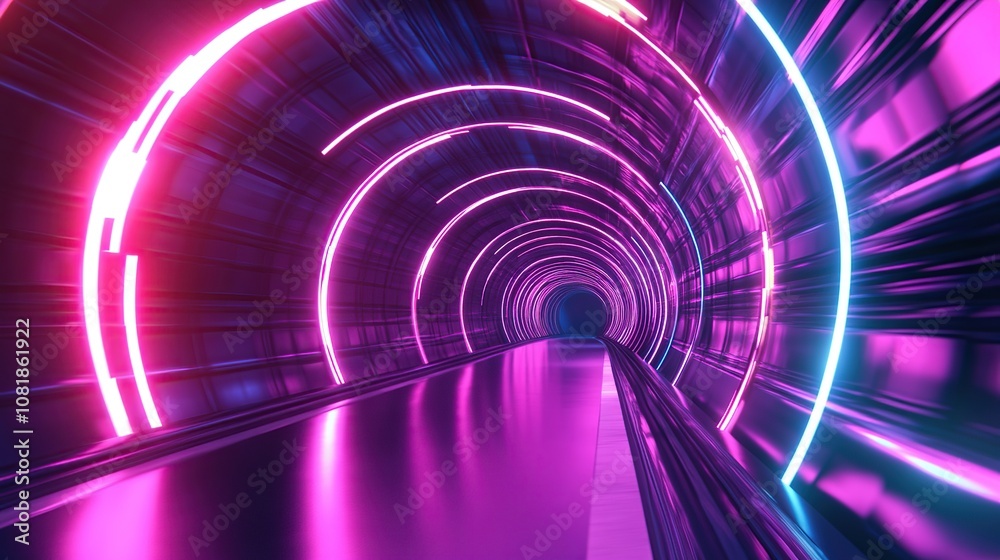 3D rendering of a tunnel with futuristic neon lights for a digital technology concept 3D rendering of a tunnel with futuristic neon lights for a digital technology concept
