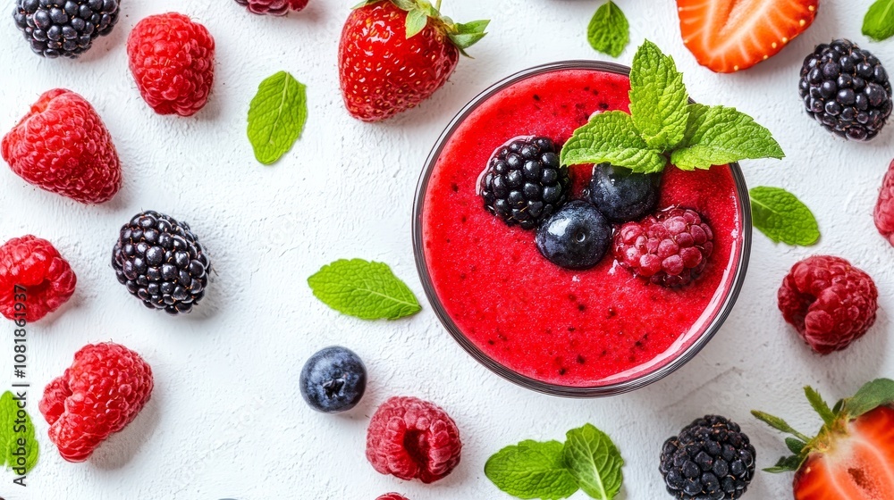Refreshing Mixed Berry Smoothie with Fresh Ingredients on a White Background. Overhead View. Refreshing Mixed Berry Smoothie with Fresh Ingredients on a White Background. Overhead View.