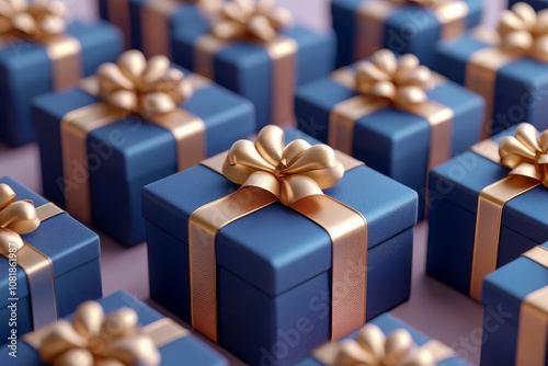 3D rendering of blue and gold gift boxes with bows arranged in rows against a light purple background, perfect for festive or special event designs.