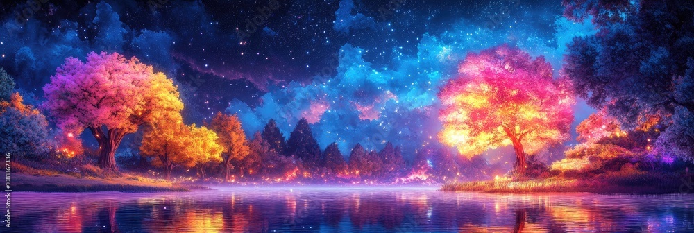 Fototapeta premium Surreal landscape with gigantic neon trees, glowing water, and a sky filled with bright, radiant stars