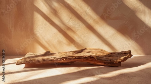 Wooden slab sunlit display. Rustic wood piece, sunlit backdrop.  Natural, minimalist aesthetic. Perfect for product display.