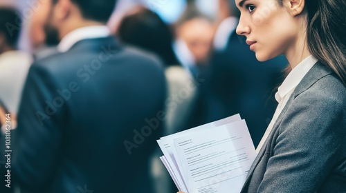 Job seekers actively engaging with recruiters at a bustling career fair, showcasing determination and eagerness in their pursuit of professional opportunities. photo