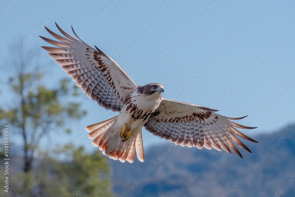 Fototapeta premium Red-Tailed Hawk Soaring in Natural Mountain Landscape
