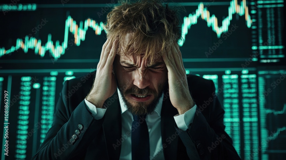 Investor in distress stock market emotional closeup corporate environment frontal view financial crisis