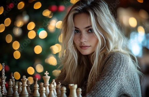 Beautiful blonde woman playing chess with Christmas lights in the background