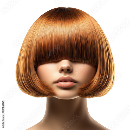 striking model with sleek, orange bob hairstyle and smooth skin. Isolated on transparent background.