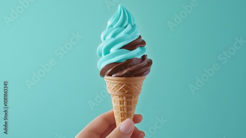 a hand holding an Mint Choco ice cream cone - ai