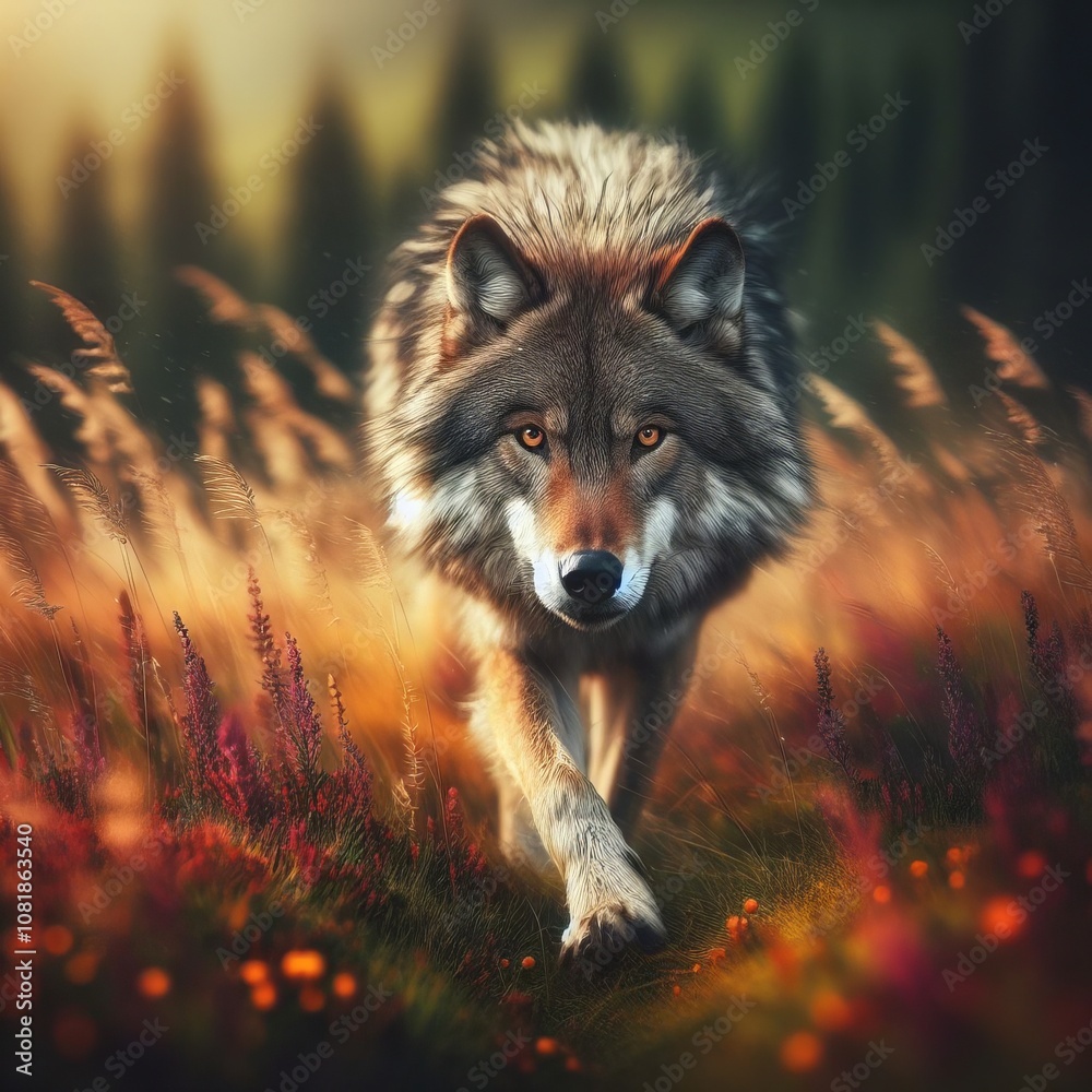Fierce Wolf Portrait with Intense Amber Eyes Running Through Fiery Autumn Forest in Dramatic Golden Light Fierce Wolf Portrait with Intense Amber Eyes Running Through Fiery Autumn Forest in Dramatic Golden Light