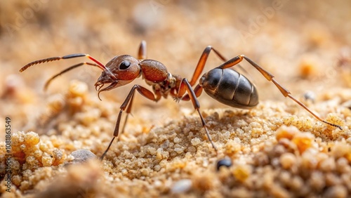 Close-up macro shot of a Desert Ant Cataglyphis bicolor on sand with shallow depth of field photo