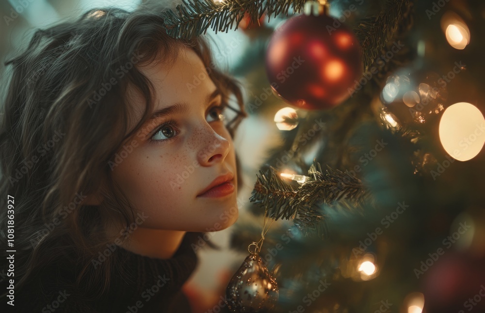 Young girl decorating Christmas tree with ornaments and festive lights, holiday spirit Young girl decorating Christmas tree with ornaments and festive lights, holiday spirit